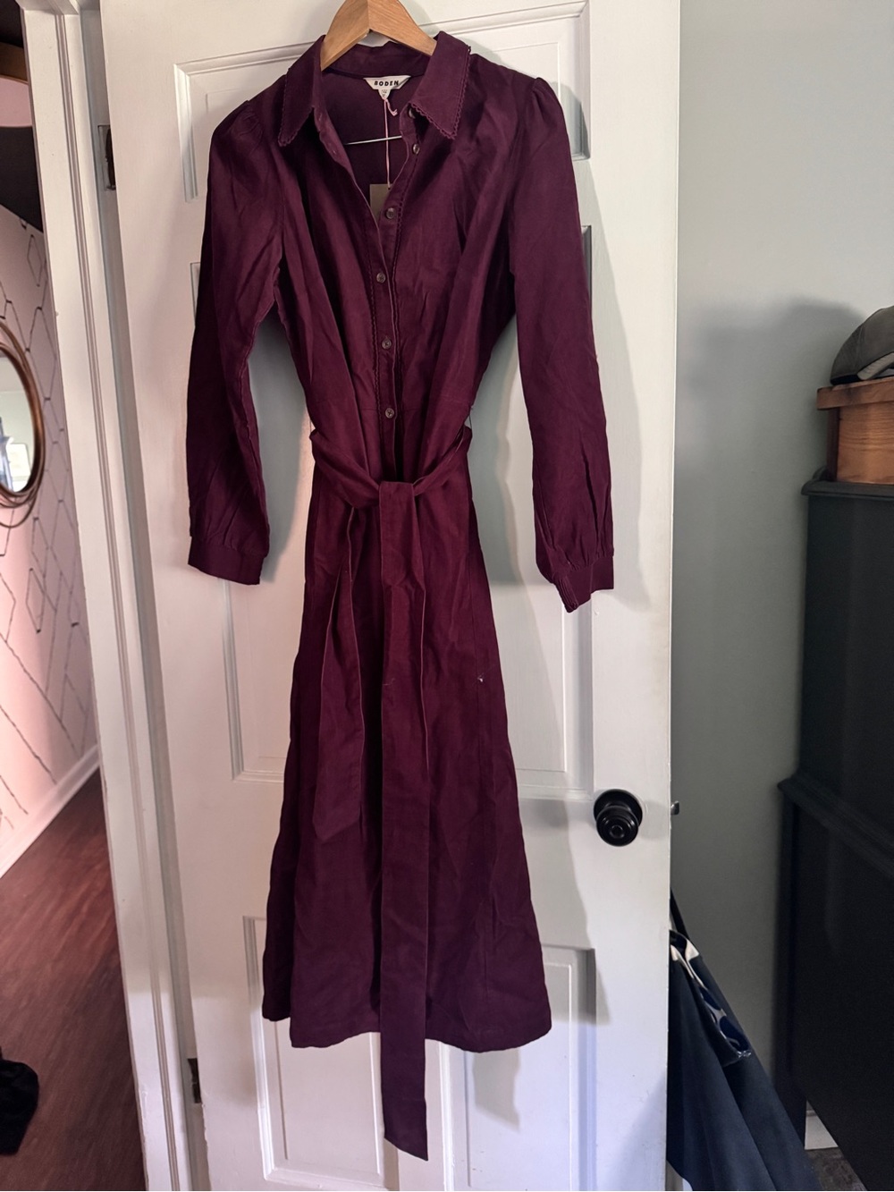 Boden Clara Cord Long-Sleeve Button-Front Midi Dress in Dark Cherry
